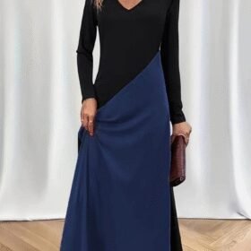 Kadın Uzun Kollu V Yakalı Blok Desenli Viskon Elbise