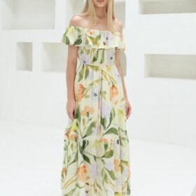 Madonna Yaka Elbise - Yeşil - Ekru