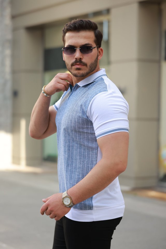 Erkek Fermuar Yakalı çizgili Kısa Kollu Tişört - Görsel 2