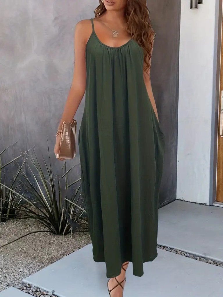 Kadın Ip Askılı Geniş V Yakalı Viskon Elbise - Görsel 3