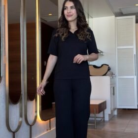 Kadın Kısa Kollu Yakalı Viskon Iki Iplik Bluz Ve Pantolon Ikili Takım