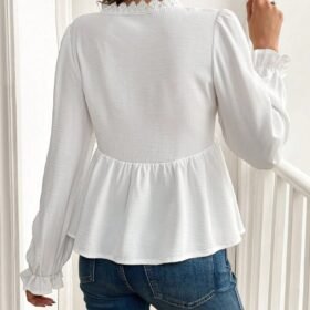 Kadın Uzun Kollu V Dantel Yaka Aerobin Bluz