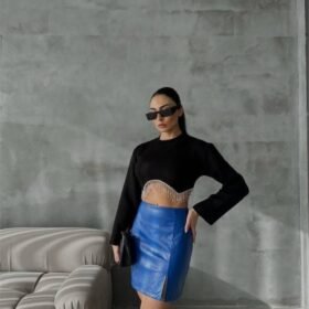 KAPİTONE DERİ ETEK YIRTMAÇLI - Saks