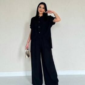 Siyah Önü Pileli İkili Keten Takım