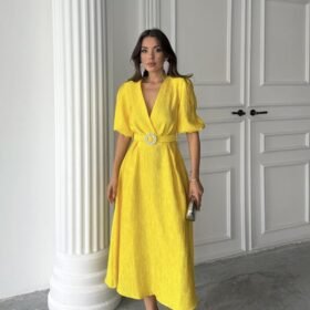 Sarı Işıltılı Kemerli Kruvaze Elbise