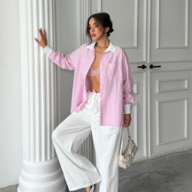 YAKA VE MANŞET BEYAZBOYFRİEND ÇİZGİLİPOPLİN GÖMLEK - Pembe