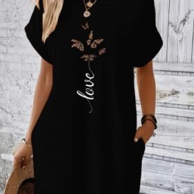 Kadın Kısa Kollu Bisiklet Yaka Cepli Kelebek Baskılı Viskon Elbise