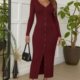 Kadın Uzun Kollu V Yakalı önden Düğmeli şardonlu Kaşkorse Elbise