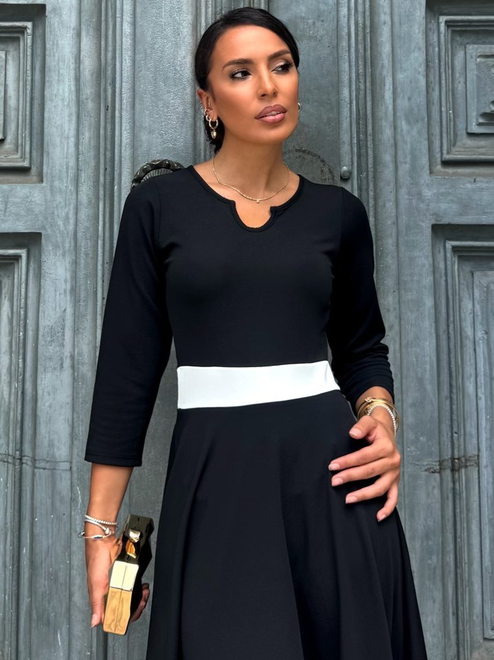 Kadın Truvakarkol Yakası Açık Blok Renkli Krep Midi Elbise - Görsel 3