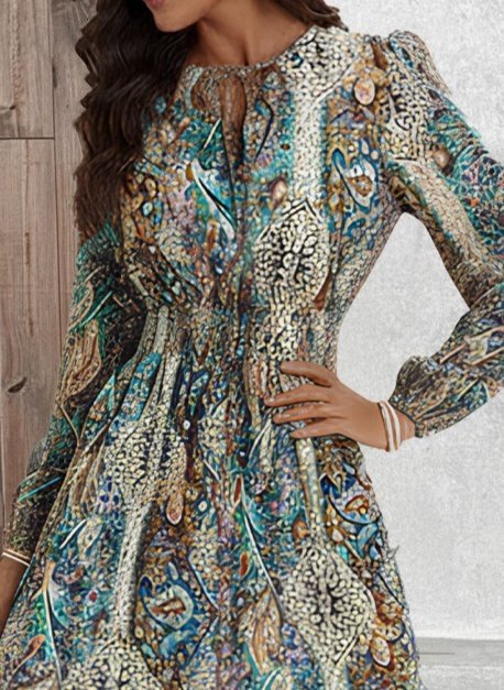 Kadın Uzun Kollu Uakadabağcıklı Beli Lastikli Desenli Uzun Süprem Elbise - Görsel 2