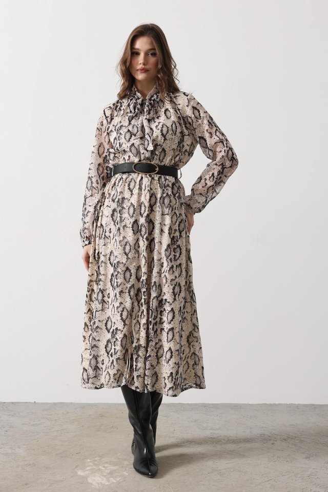 Yılan Desen Uzun Yaka Detaylı Elbise - Krem-Siyah - Görsel 2