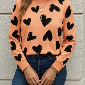 Kadın Uzun Kollu Bisiklet Yaka Kalp Desenli Iki Iplik Bluz
