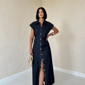 Mavi Kolsuz Vatkalı Elbise