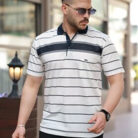 Erkek Yakalı çizgili Kısa Kollu T-shirt
