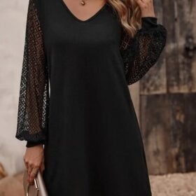Kadın Uzun Kollu Dantelli V Yakalı Kısa Ithal Krep Elbise