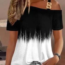 Kadın Tek Omuzdan Açık Askı Detaylı Desenli Süprem Bluz