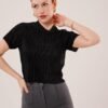 Fitilli Kısa Kollu Parlak Siyah Bluz