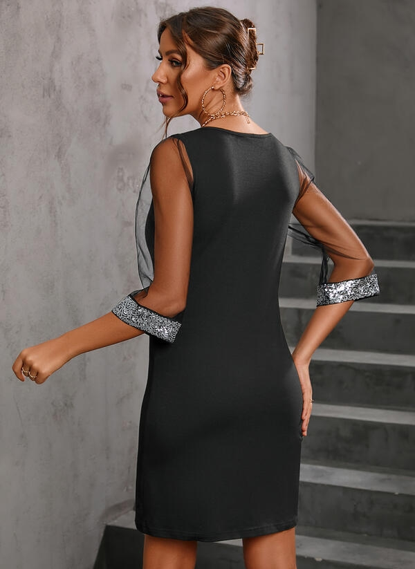 Kadın Fakir Kollu V Yaka Kollar Tüllü Yaka Ve Bilekler Payet Detay Krep Elbise - Görsel 3