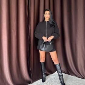 Siyah Kısa Önü Fermuarlı Bomber Ceket