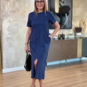 Kadın Kısa Kollu Bisiklet Yakalı Cepli önden Yırtmaçlı Viskon Iki Iplik Midi Elbise