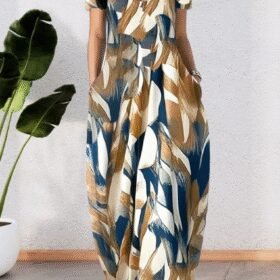 Kadın Kısa Kollu Yuvarlak Yaka Cepli Salaş Baskılı Süprem Elbise