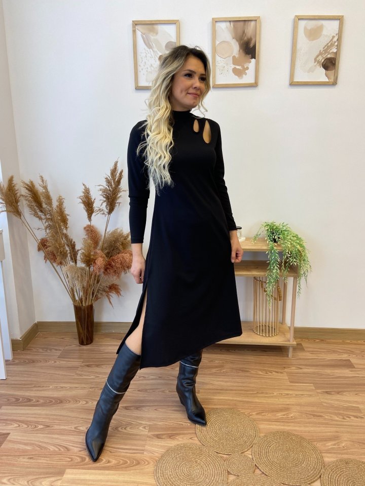 Kadın Uzun Kollu Balıkçı Yaka Omuzda Damla Detaylı Yırtmaçlı Krep Midi Elbise - Görsel 2