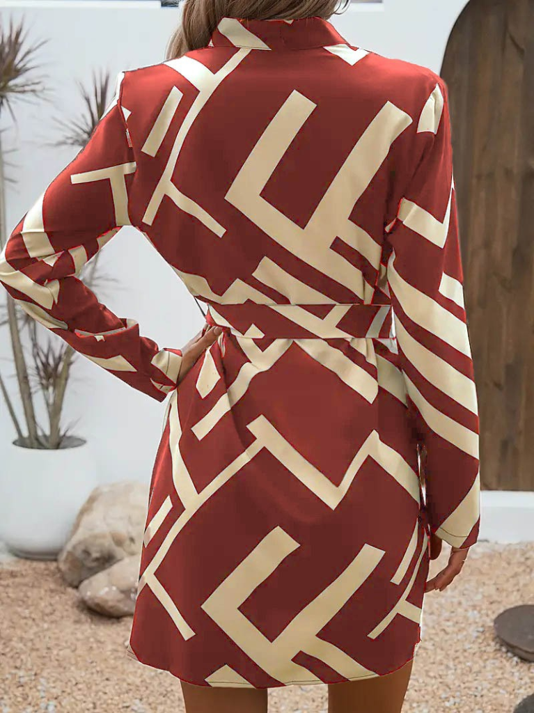 Kadın Uzun Kollu V Yakalı Desenli Belinde Kuşaklı Dalgıç Elbise - Görsel 4