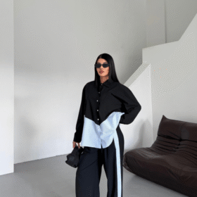 POLYVİSKON - POPLİN PARÇALI GÖMLEK PANTOLON TAKIM - Siyah