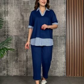 Kadın Modal Kumaş çizgili Gömlek Yaka Ikili Takım