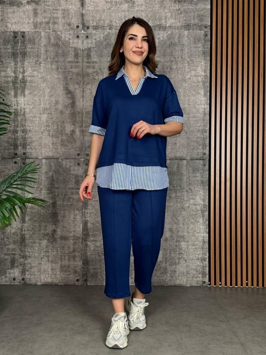 Kadın Modal Kumaş çizgili Gömlek Yaka Ikili Takım