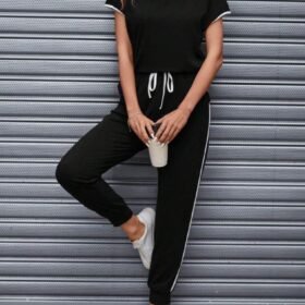 Kadın Kısa Kollu Kayık Yaka Viskon Iki Iplik Bluz Ve Bağcıklı Pantolon Ikili Takım