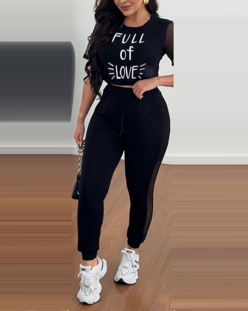 Kadın Kısa Kollu Bisiklet Yaka File Detaylı Viskon Iki Iplik Krop Ve Eşofman Altı Ikili Takım - Görsel 3