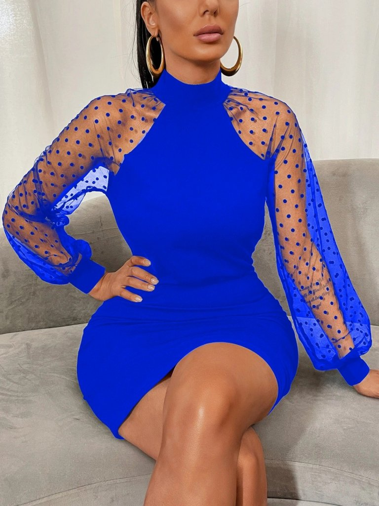 Kadın Uzun Kollu Kollar Tül Puantiye Detay Dalgıç Mini Boy Elbise - Görsel 3