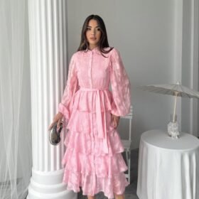 Şeker Pembesi Uzun Volanlı Elbise