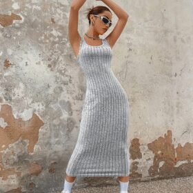 Kadın Kalın Askılı Kare Yaka Fitilli Kaşkorse Midi Boy Elbise