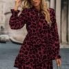 Kadın Uzun Kollu Yakadan Bağcıklı Modal Leopar Desenli Mini Elbise
