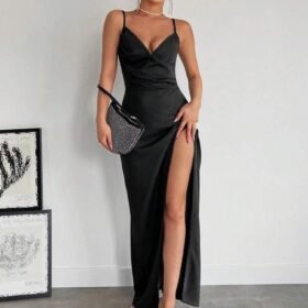 Kadın Askılı Kruvaze Yakalı Yırtmaçlı Krep Elbise