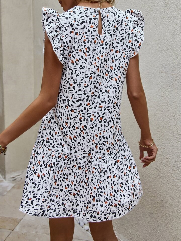 Kadın Kısa Kollu Bisiklet Yaka Etek Ucu Volanlı Kısa Dokuma Elbise - Görsel 4