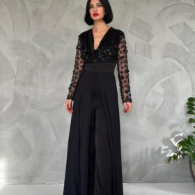 Siyah Kolları Tül Etekli Tulum