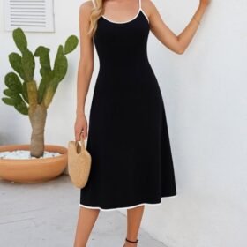 Kadın Ip Askılı Geniş V Yakalı Midi Janjan Krep Elbise