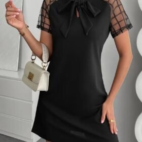 Kadın Kısa Kollu Boyundan Bağlamalı Omuzlarda Tül Detaylı Janjan Krep Elbise