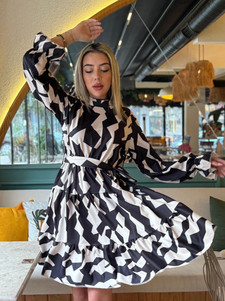 Kadın Uzun Kollu Yarı Balıkçı Yaka Geometrik Desen Kısa şardonlu Dalgıç Elbise - Görsel 3
