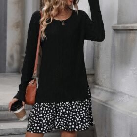 Kadın Uzun Kollu Bisiklet Yaka şardonlu Kaşkorse Bluz Ve Süprem Etek Elbise