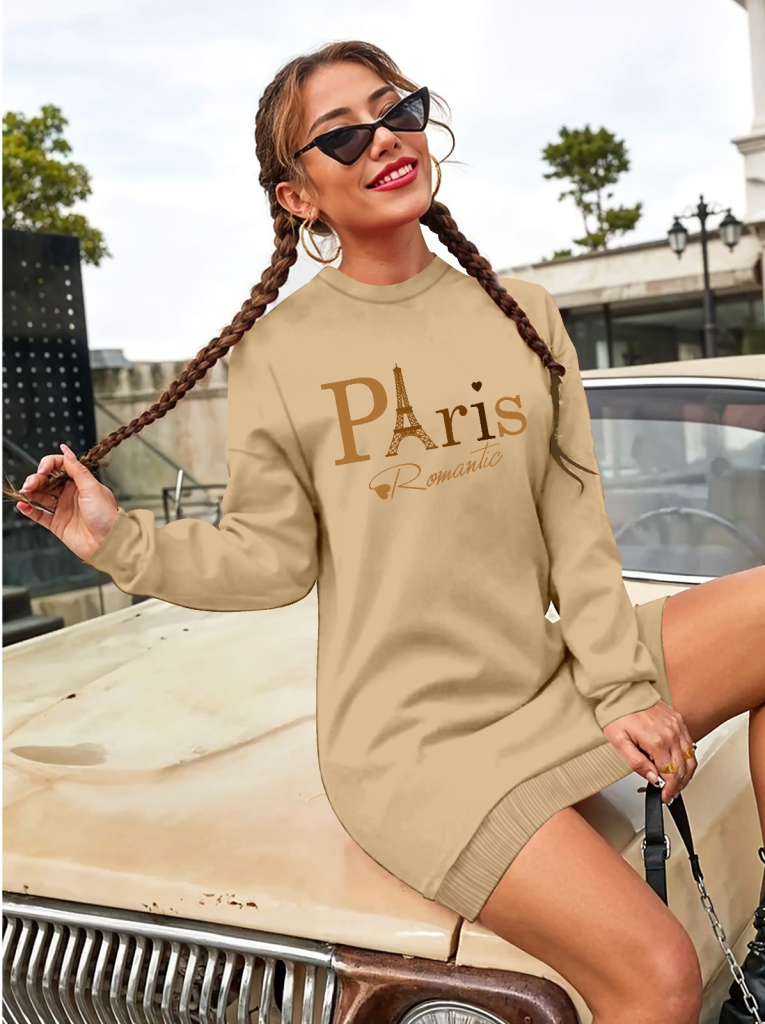 Kadın Uzun Kollu Bisiklet Yaka Yazılı Kısa Viskon Iki Iplik Elbise - Görsel 3