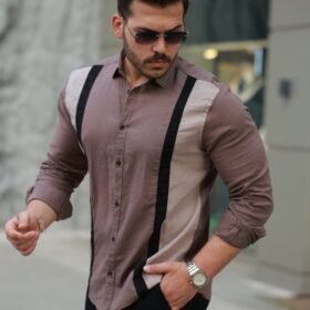 Erkek şerit Detaylı Uzun Kollu Pamuklu Keten Gömlek