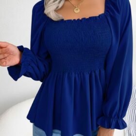 Kadın Uzun Kollu Geometrik Yakalı Gipe Detaylı Krep Bluz