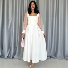 Beyaz Kolları Organze Kuplu Elbise