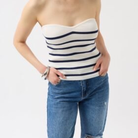 Çizgili Straplez Dokulu Bluz