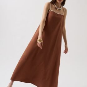 Şerit Detay Keten Maxi Elbise