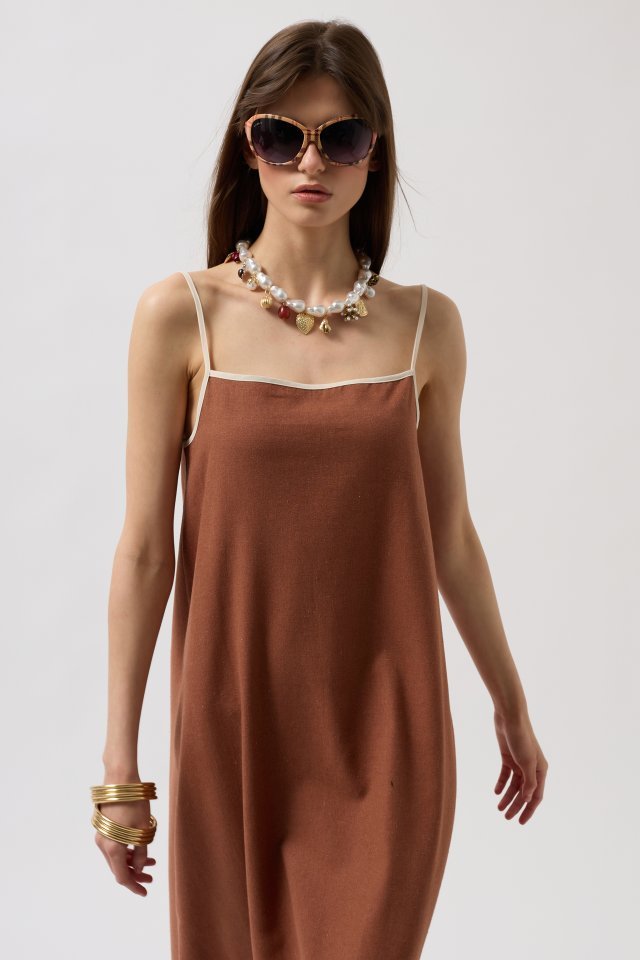 Şerit Detay Keten Maxi Elbise - Görsel 3